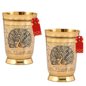 UAPAN Pure Brass Glass Tumbler, Embossed Design, for Drinking Water, Yoga, Ayurveda (2, Peacock Design)