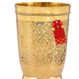UAPAN Pure Brass Glass Tumbler, Embossed Design, for Drinking Water, Yoga, Ayurveda (1, Embossed Design)